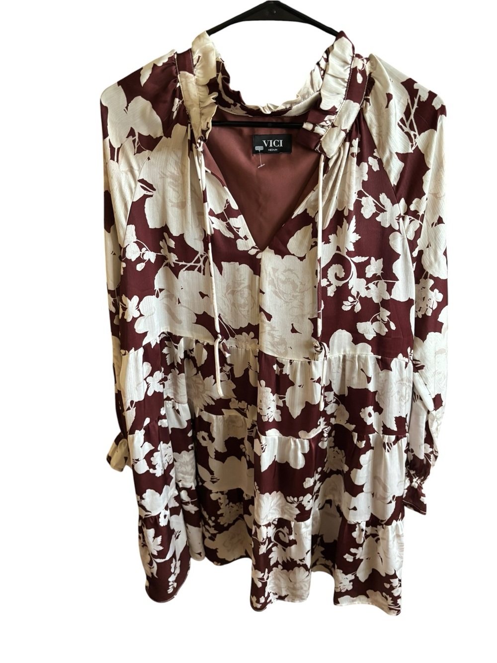 Vici Burgundy and Cream Floral Tiered Tunic